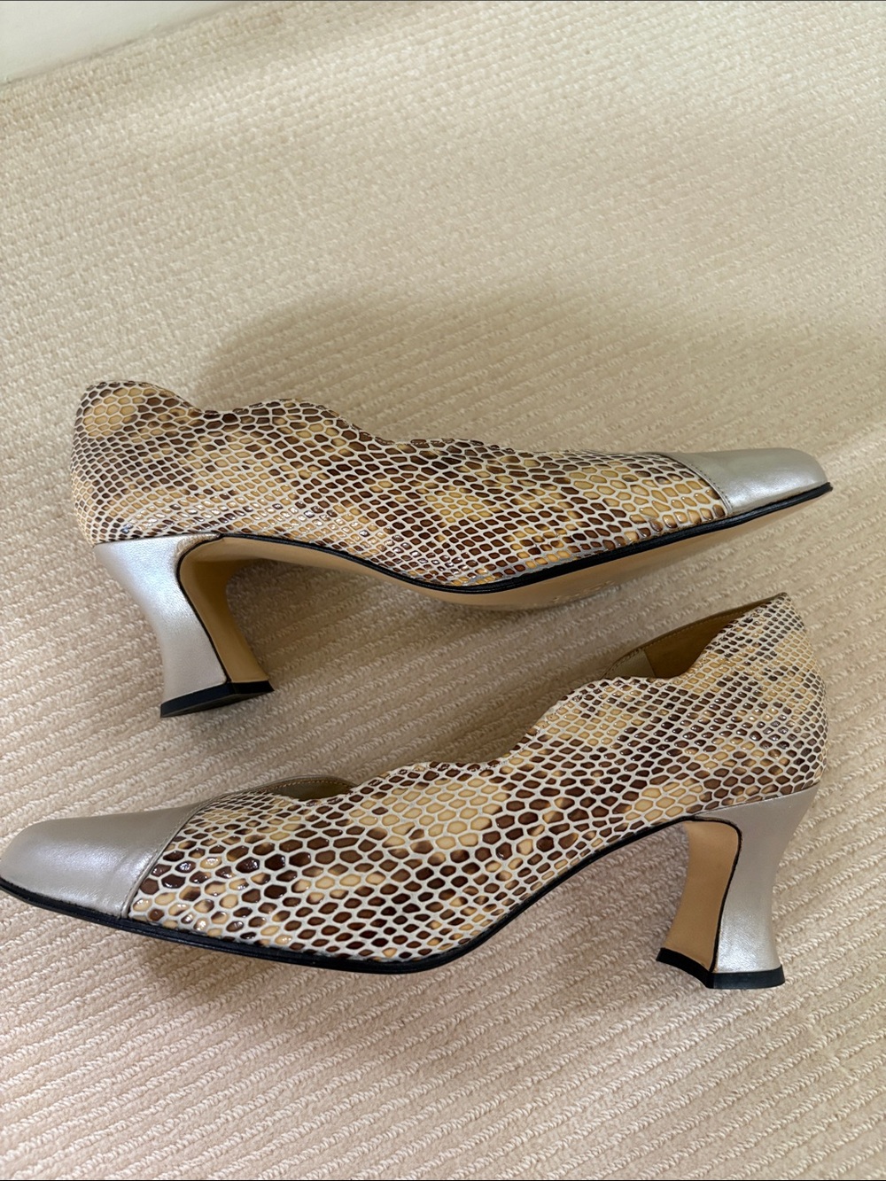 Women’s Taupe and Snake-Print Mid Heel Pumps